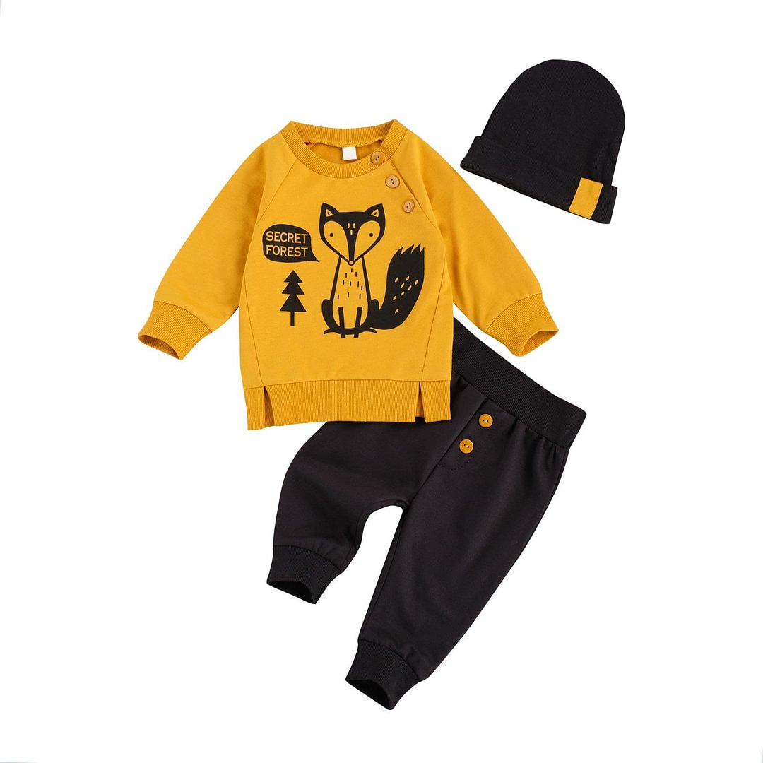Children Long Sleeves Long Pants Suit, Newborn Boys Fox Printed Clothes Set, Autumn Round Collar Outfits with Hat 3pcs set