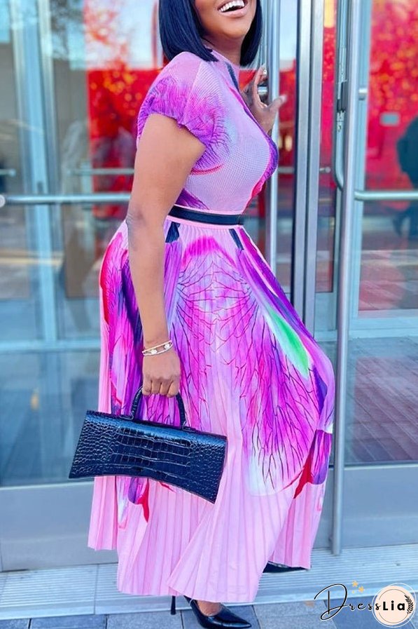 Pleated Print Short Sleeve Midi Dresses