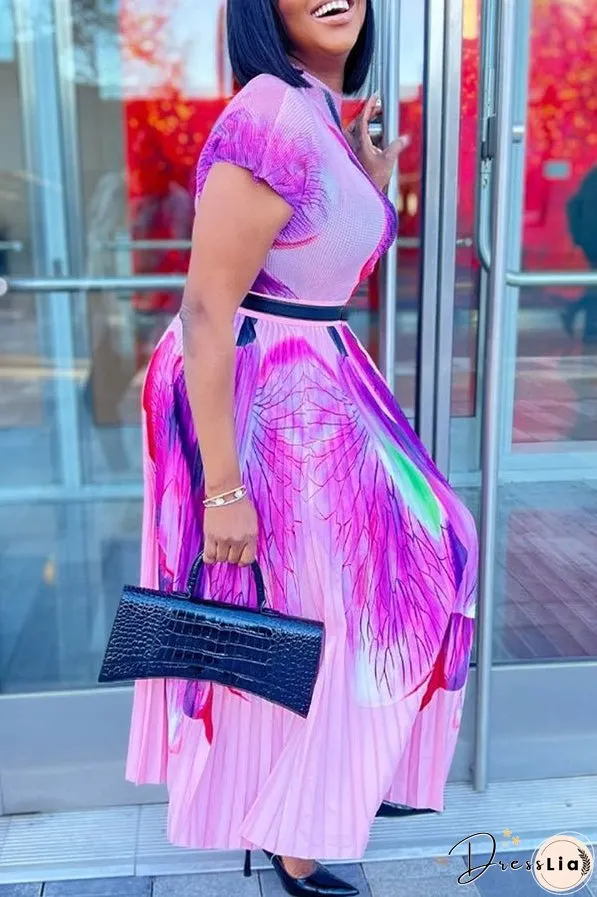 Pleated Print Short Sleeve Midi Dresses