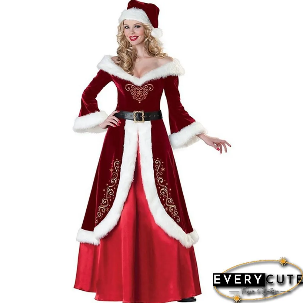 Christmas Cosplay Party Velour Long Sleeve Robe Santa Claus Costumes for Adult Women