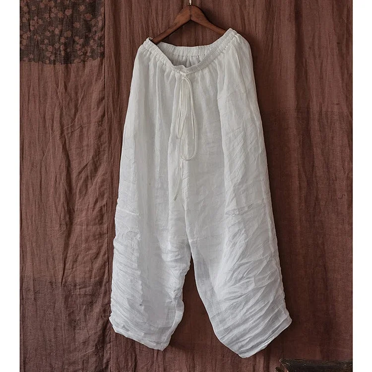 Spring Summer Double Layers Pleated Linen Pants