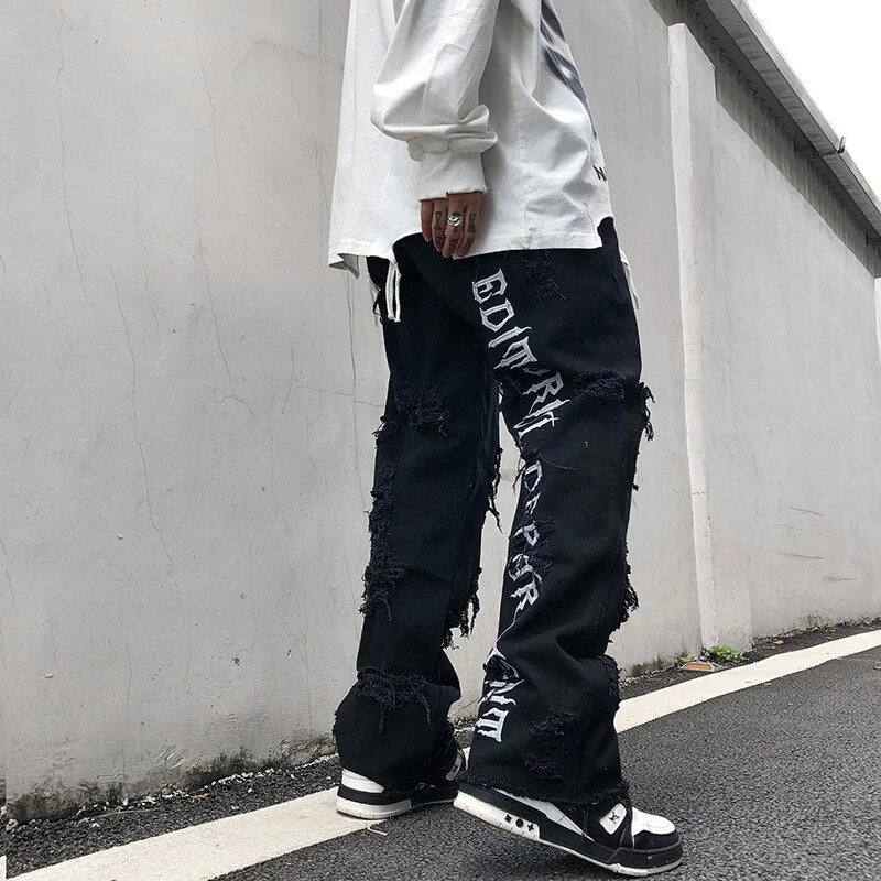 Aonga 2022 Fall Ripped Jeans Men's Jeans Stitching Jeans Fashion Casual Pants Plus Size Jeans  Men Clothing  Black Jeans