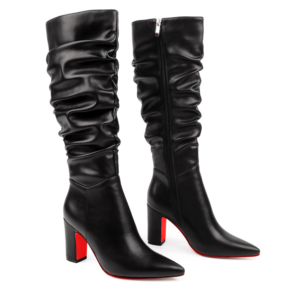 3.35"/8.5cm Women's Knee Red Bottom Boots Chunky Heels Zipper Fashion Sexy Matte Slouchy Boot-MERUMOTE