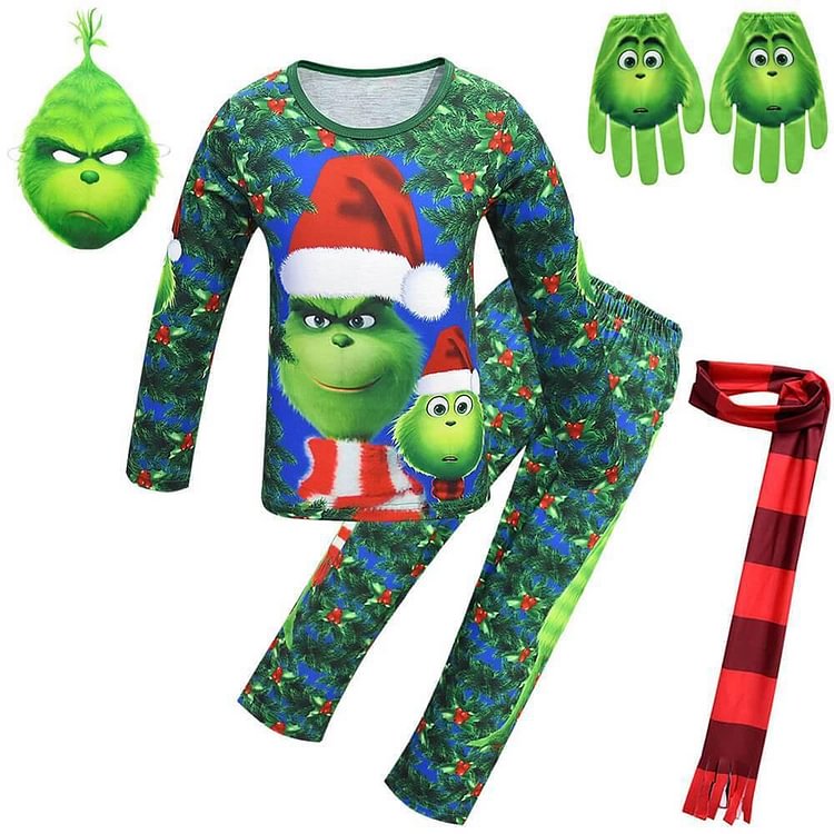 Girls Boys The Grinch In The Christmas Hat Pajamas Holly Print Costume-Mayoulove