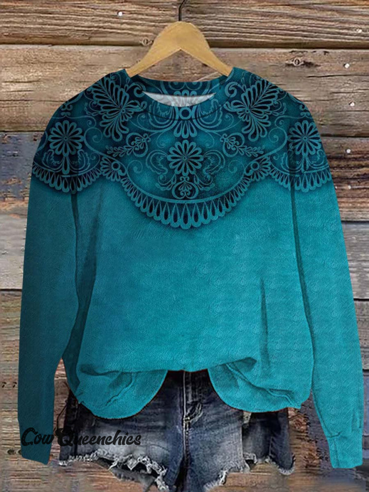 Retro Gradient Blue Flowers Print Casual Sweatshirt Multicolor / S