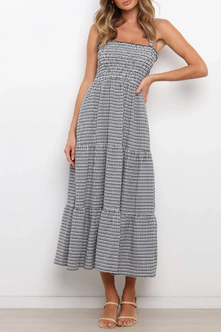 Casual Elegant Plaid Split Joint Flounce Spaghetti Strap A Line Dresses