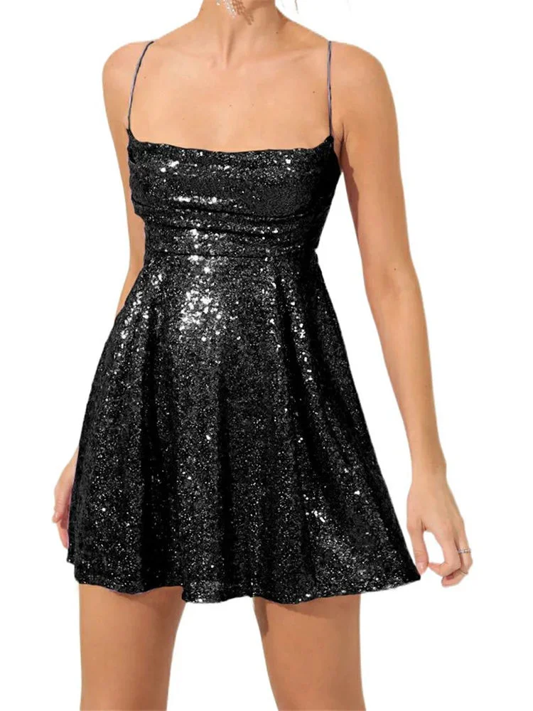 Nncharge Women Sequin Glitter Mini Dress Spaghetti Strap V Neck Bodycon Pleated Dress Cocktail Party Club Sexy Elegant Dresses Summer