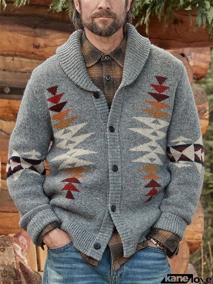 Men's Grey Knitwear Jacquard Button Sweaters Coat