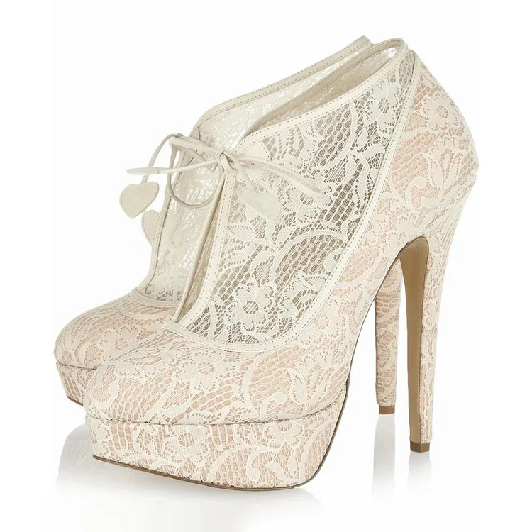 Ivory Lace Platform Wedding Shoes Lace Up Ankle Boots for Bride |FSJ Shoes