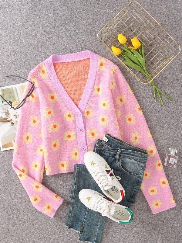 Button Front Floral Pattern Cardigan