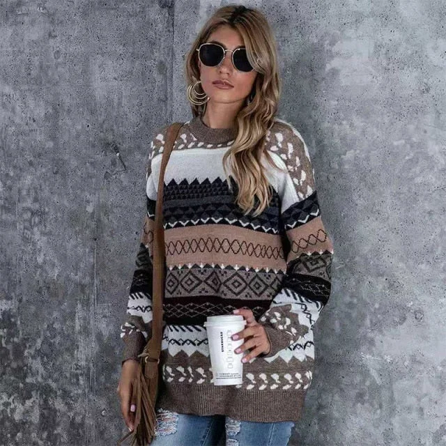 Loose Round Neck Long Sleeve Retro Style Knit Sweater