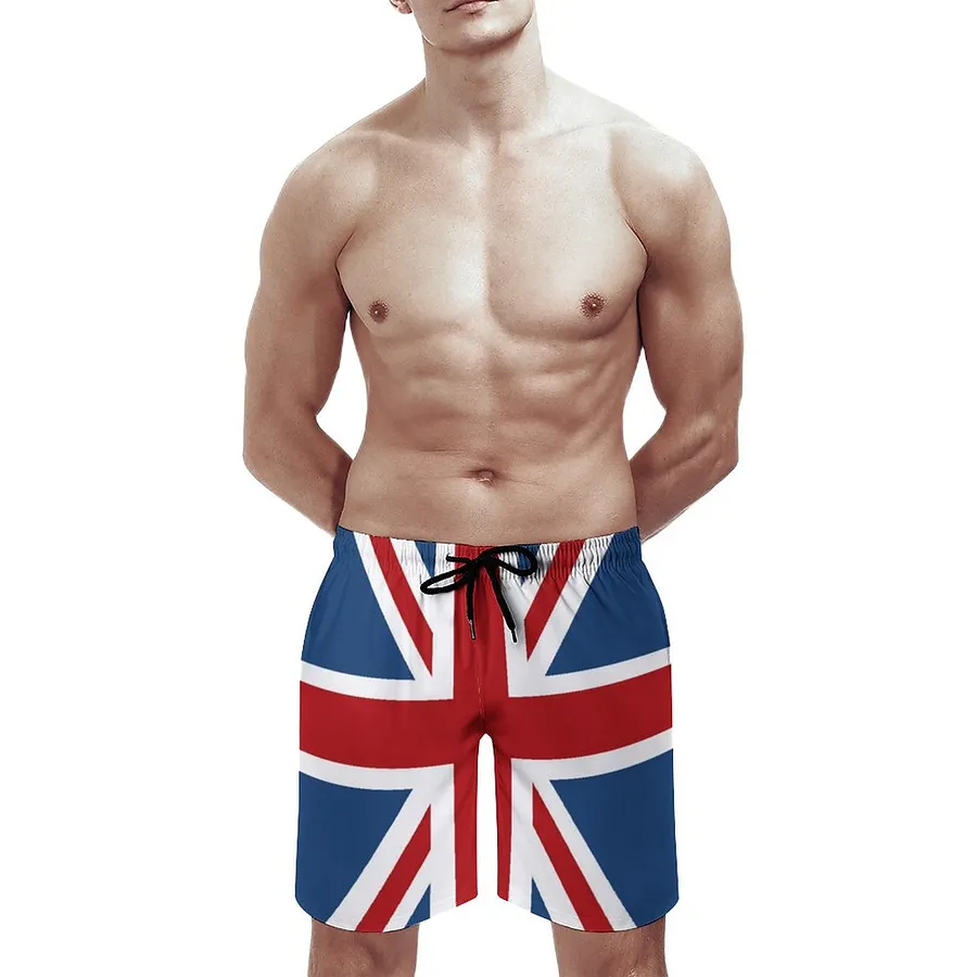 Union Jack UK Flag Men's Swim Trunks Hawaiian Bathing Mesh Lining Suit Swimsuits Beach Shorts with Pockets White-L