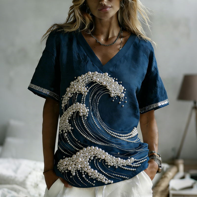 Retro Japanese Pearl Waves Pattern Linen V-neck T-shirt wearshes