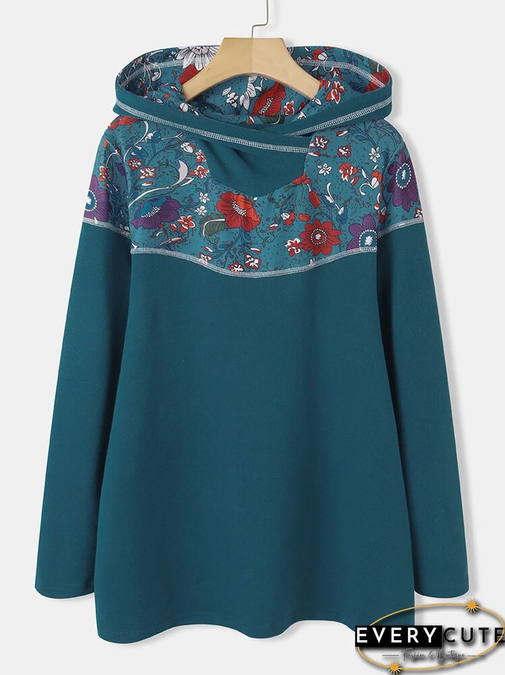 Vintage Floral Patch Printed Long Sleeve Hoodie For Women