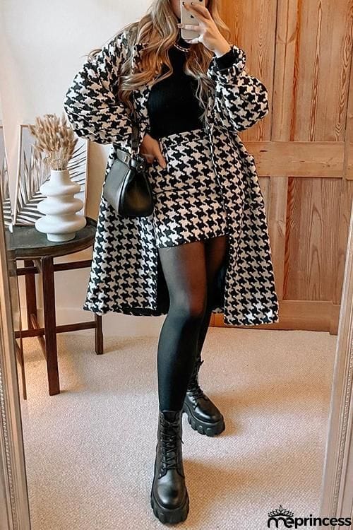 Houndstooth Lapel Woolen Coat