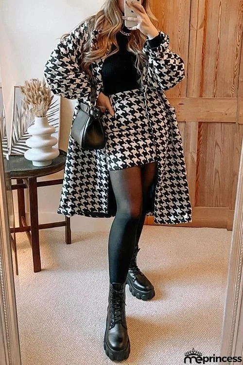 Houndstooth Lapel Woolen Coat