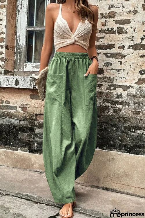 Resort Casual Elastic Waist Loose Trousers