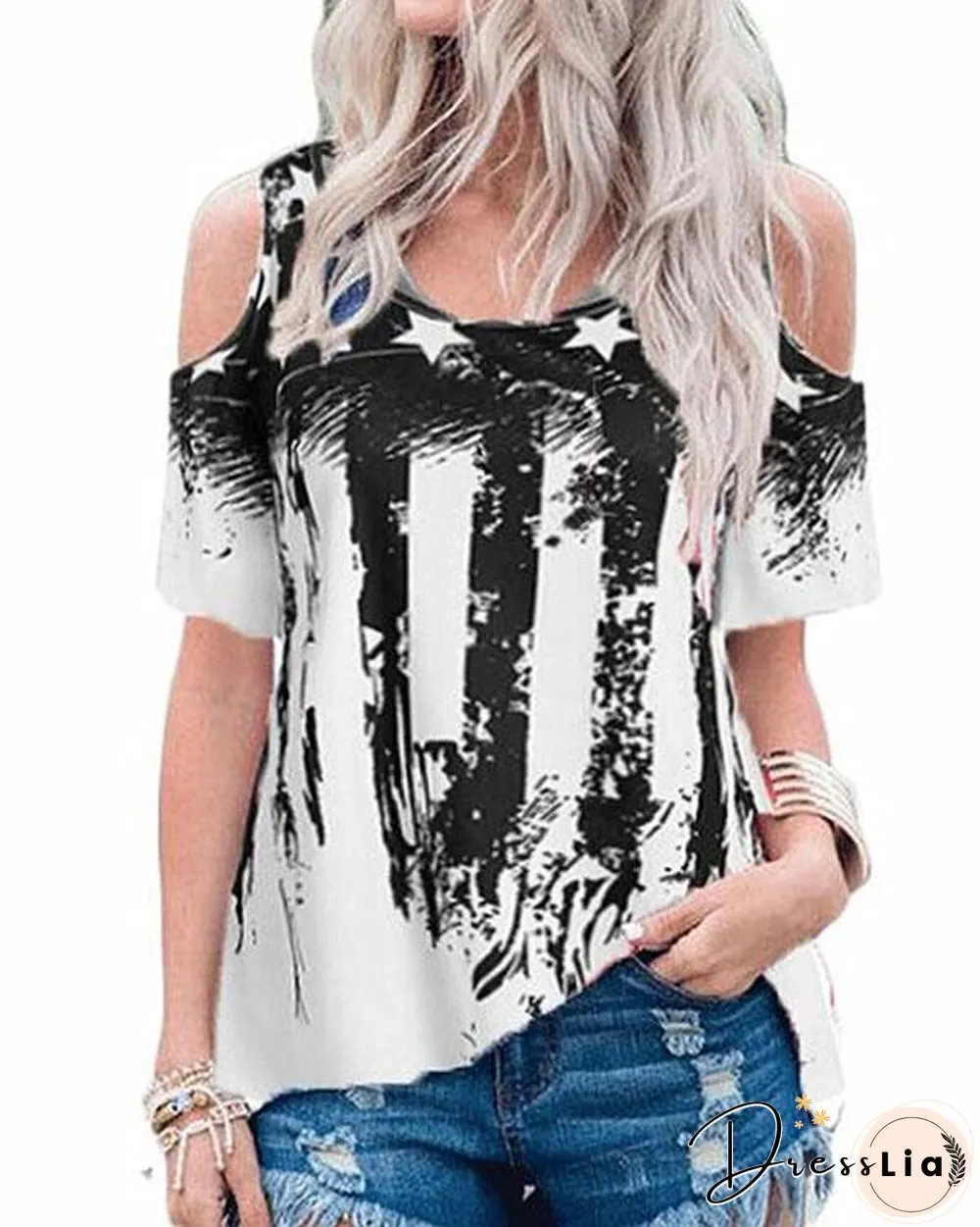 American Flag Round Neckline Half Sleeve Blouses
