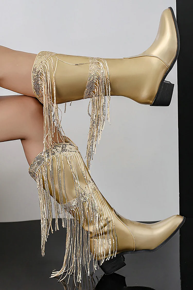 Embroidery Long Tassels Trim Pointy Toe Western Boots