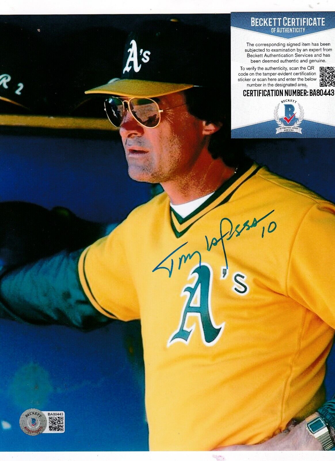 TONY LARUSSA OAKLAND A'S BECKETT AUTHENTICATED ACTION SIGNED 8x10