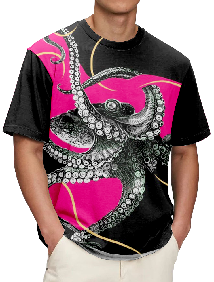 Men's casual sea monster octopus print T-shirt PLUSCLOTHESMAN