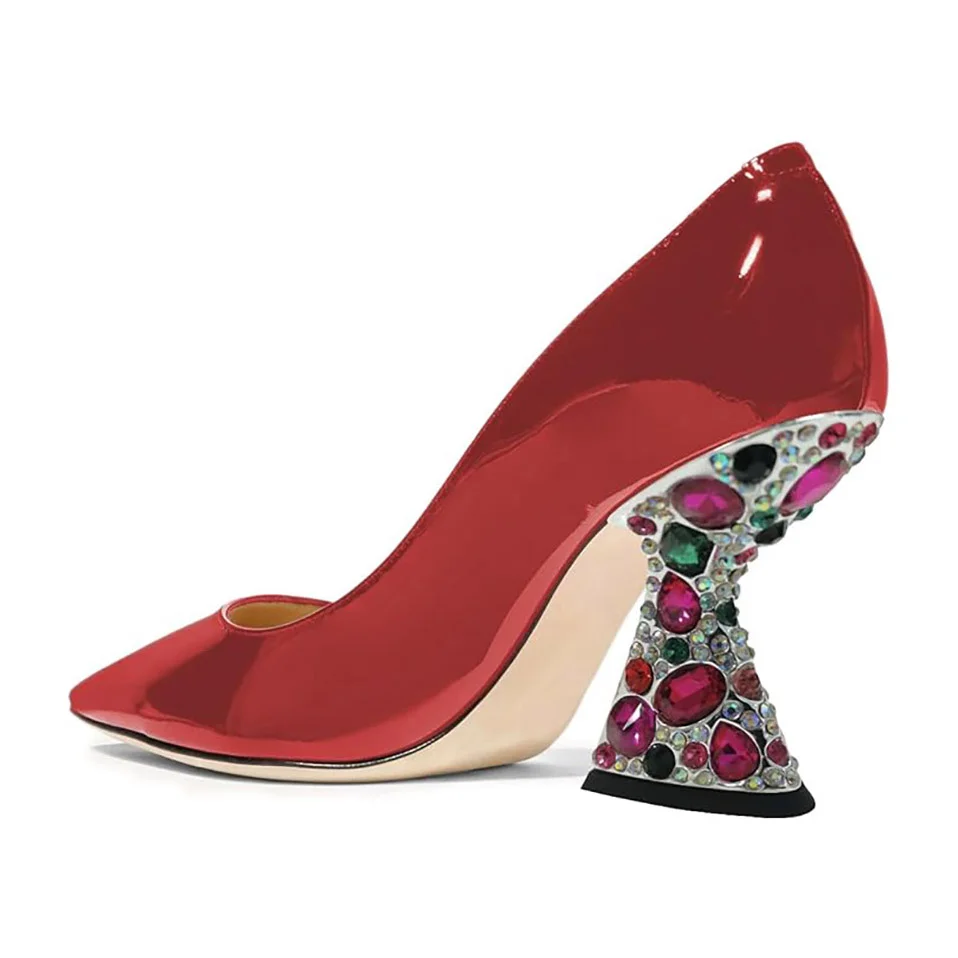 Patent Leather Pointed Toe Rhinestone Embellished Heel Pumps in Red