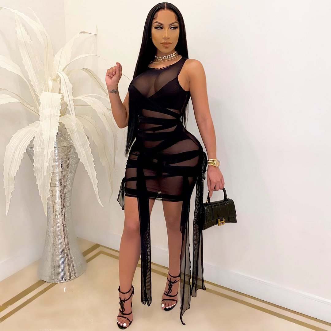 ANJAMANOR Sexy Mesh Bandage Dress Summer Clothes for Women Birthday Party Club Outfits Bodycon Mini Dresses D12-BI30