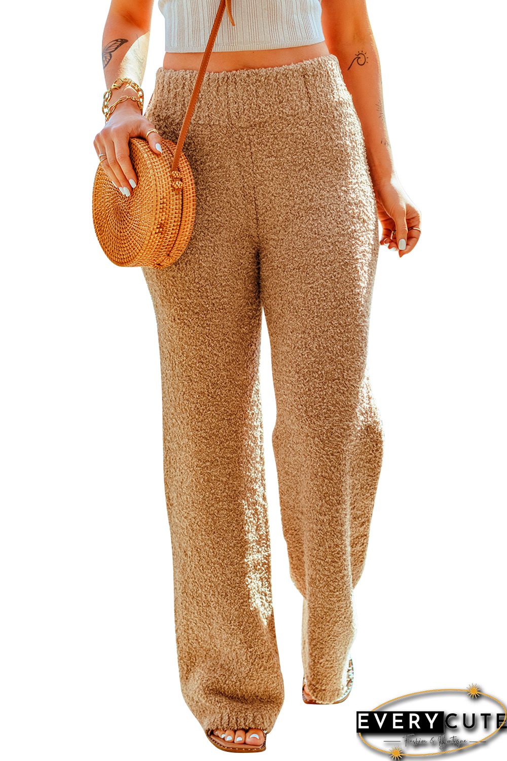 Khaki High Waist Plush Knitted Pants