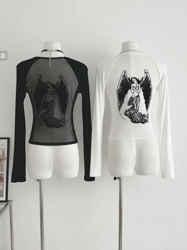 Colourp Women Vintage Gothic Harajuku Graphic Gauze O-Neck T-Shirts See Through Tees Cyber Long Sleeve Crop Tops Gyaru Y2k Grunge
