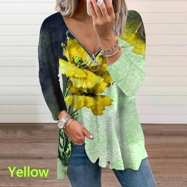 Spring and Early Autumn New Fashion Women's Flower Printed Casual Plus Size Long Sleeve Zipper V-neck Top Loose Soft and Comfortable Long Sleeve Bottoming Shirt XS-5XL - Shop Trendy Women's Fashion | TeeYours