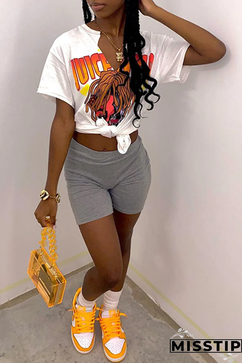 White Fashion Print Patchwork V Neck T-Shirts