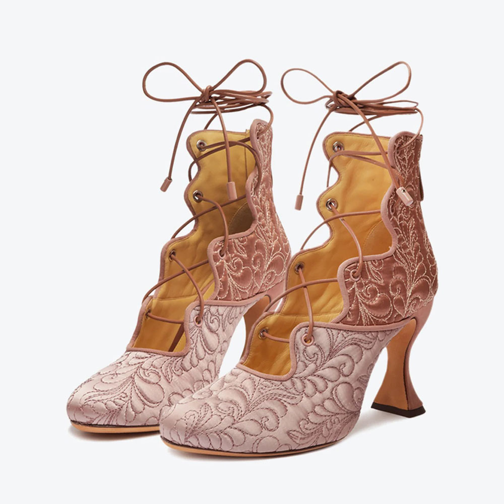 Retro Pink Leaf Embroidered Spool Heel Cutout Round Toe Lace-Up Boots Nicepairs