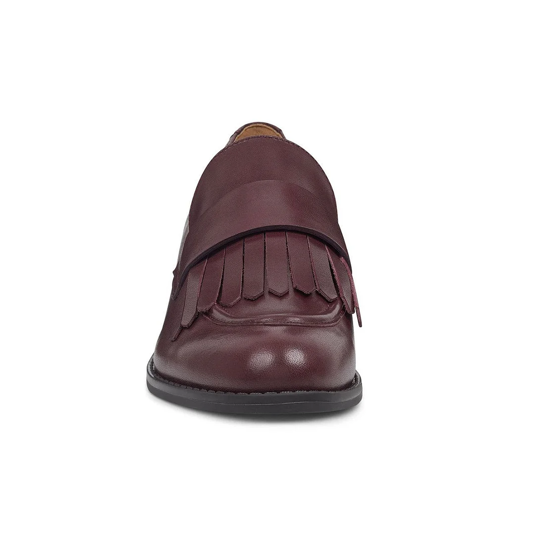 Brown Vegan Leather Round Toe Fringe Flat Formal Womens Loafers