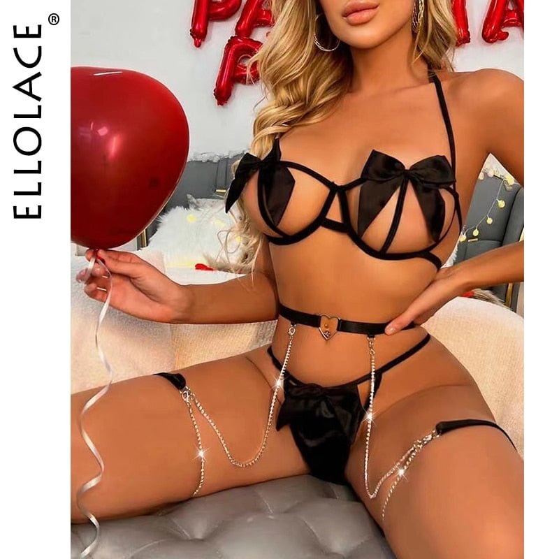 Ellolace Sensual Lingerie Woman Hollow Out Bowknot Exotic Costumes Halter See Through Bra Porn Sissy 3-Piece Red Erotic Sets