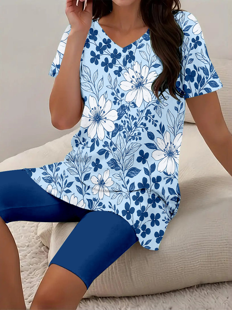 Women Long Sleeve V-neck Graphic Floral Printed Top