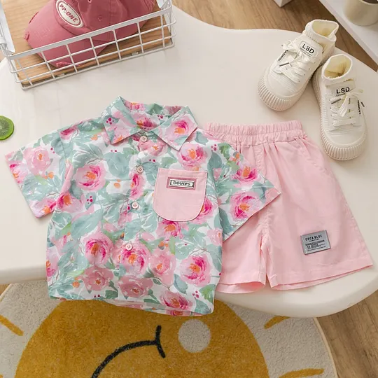 【12M-5Y】Unisex Fashionable Floral Shirt & Shorts Set – Vacation Style