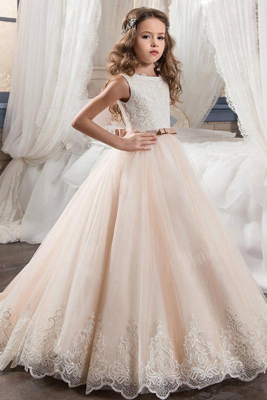 Bellasprom White Scoop Neck Sleeveless Ball Gown Flower Girl Dress with Lace Bellasprom