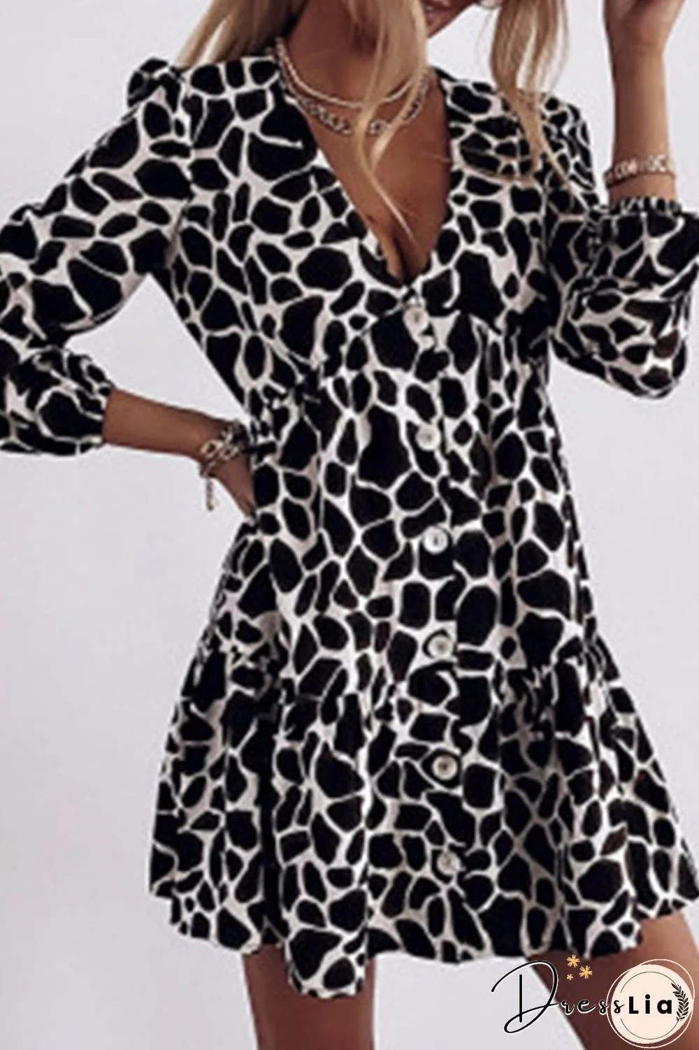 Fashion Casual Print Split Joint V Neck A Line Dresses(3 Colors)