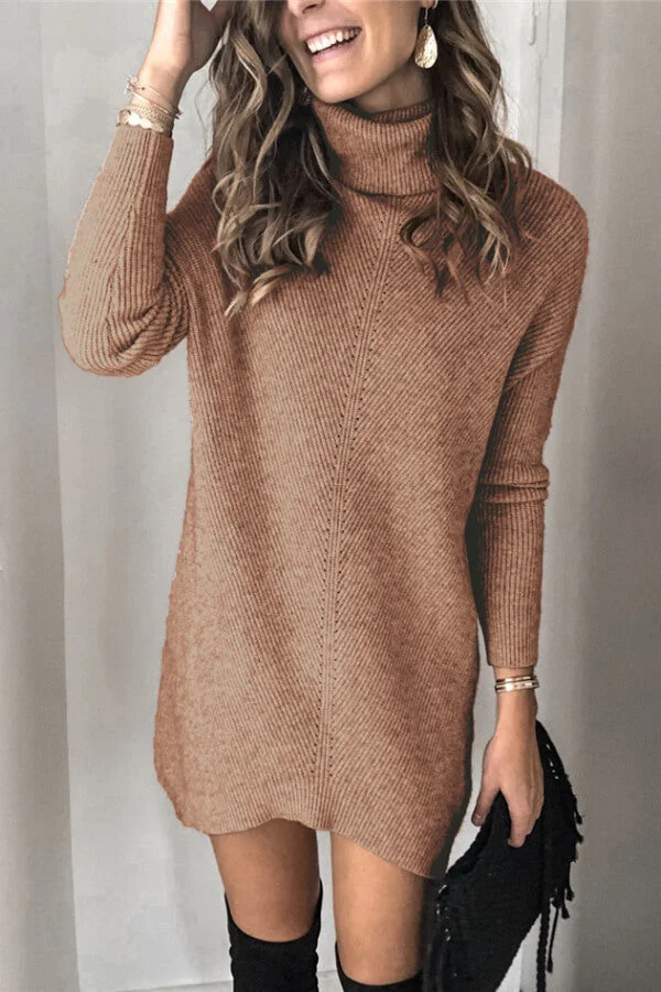 Fashion Solid Color Turtleneck Sweater Dress