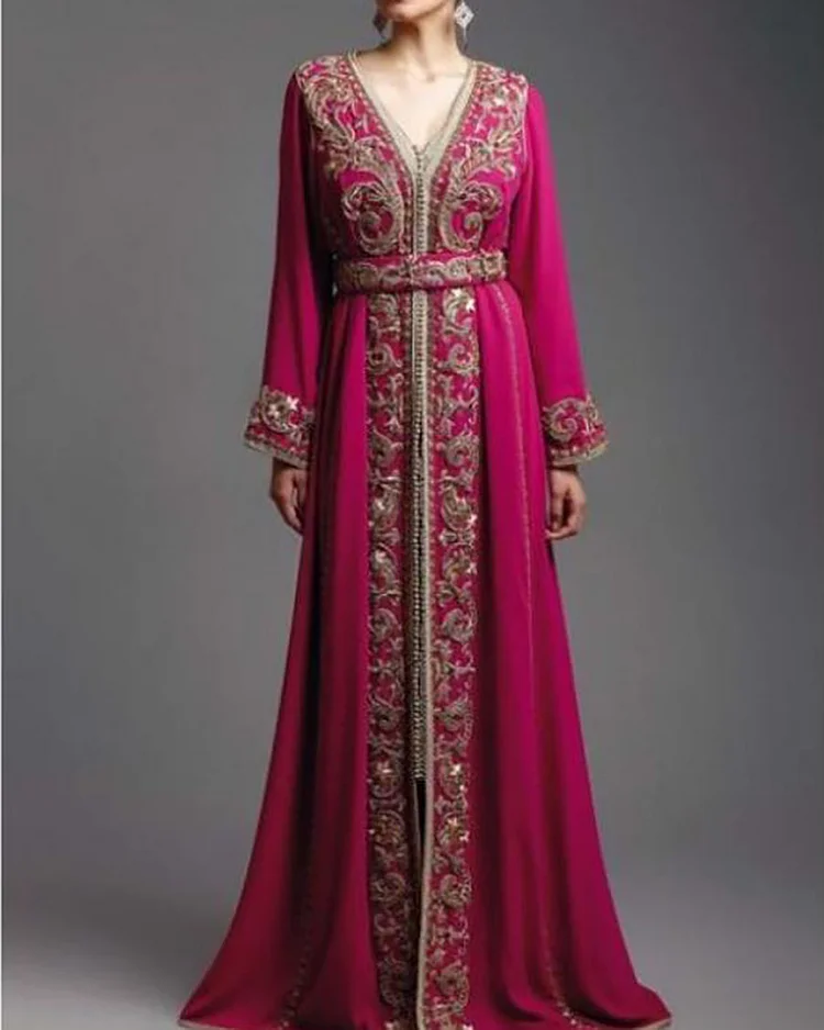 Ladies Elegant Rose Red Floral Embroidered High Waist Dress