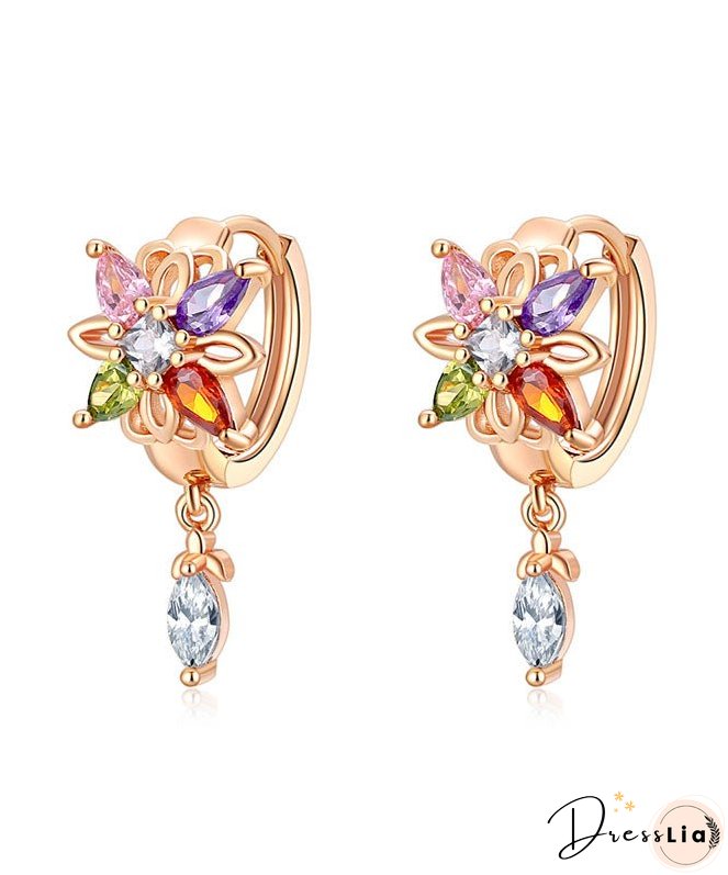 Regular Gold Alloy Crystal Zircon Floral Tassel Drop Earrings