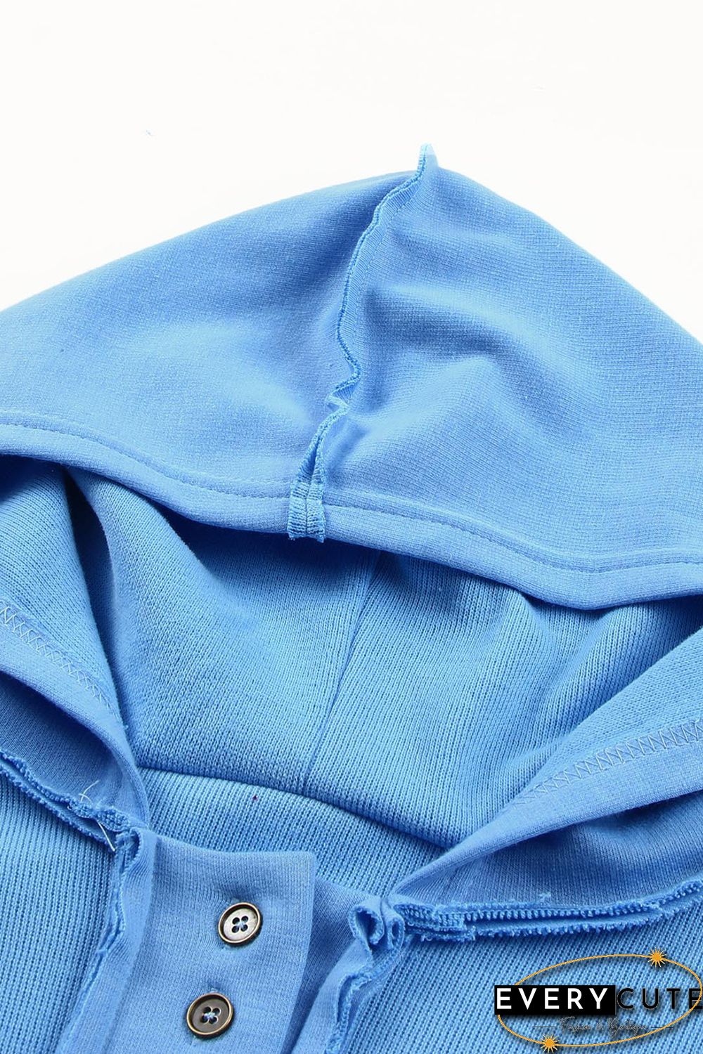 Sky Blue Casual Button Solid Patchwork Trim Hoodie