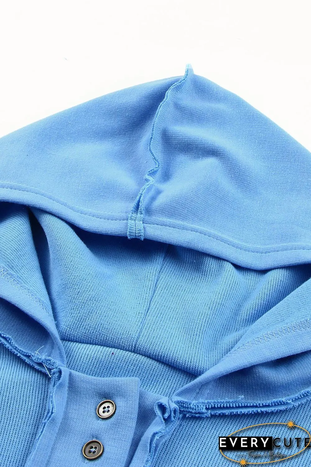 Sky Blue Casual Button Solid Patchwork Trim Hoodie