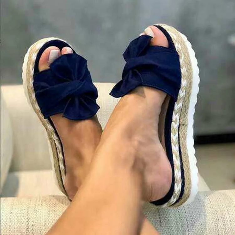 Breakj Breakj New Bow One Word Thick Bottom Slope And Hemp Rope Large Size Women Sandals Quality Assurance