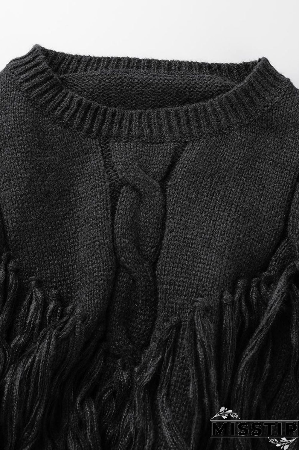Black Casual Solid Tassel O Neck Tops