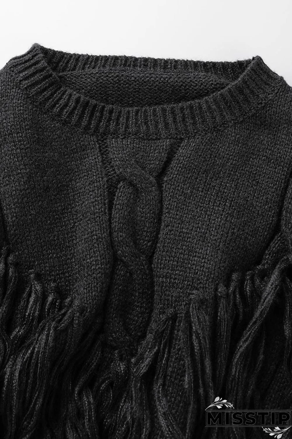 Black Casual Solid Tassel O Neck Tops