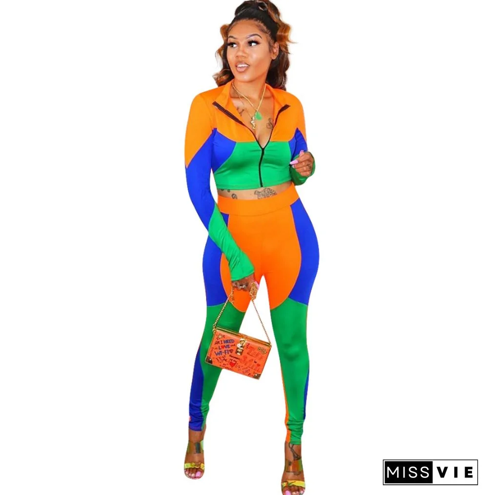 Hot-selling Color Block Mosaic Printing Leisure Two-piece Set