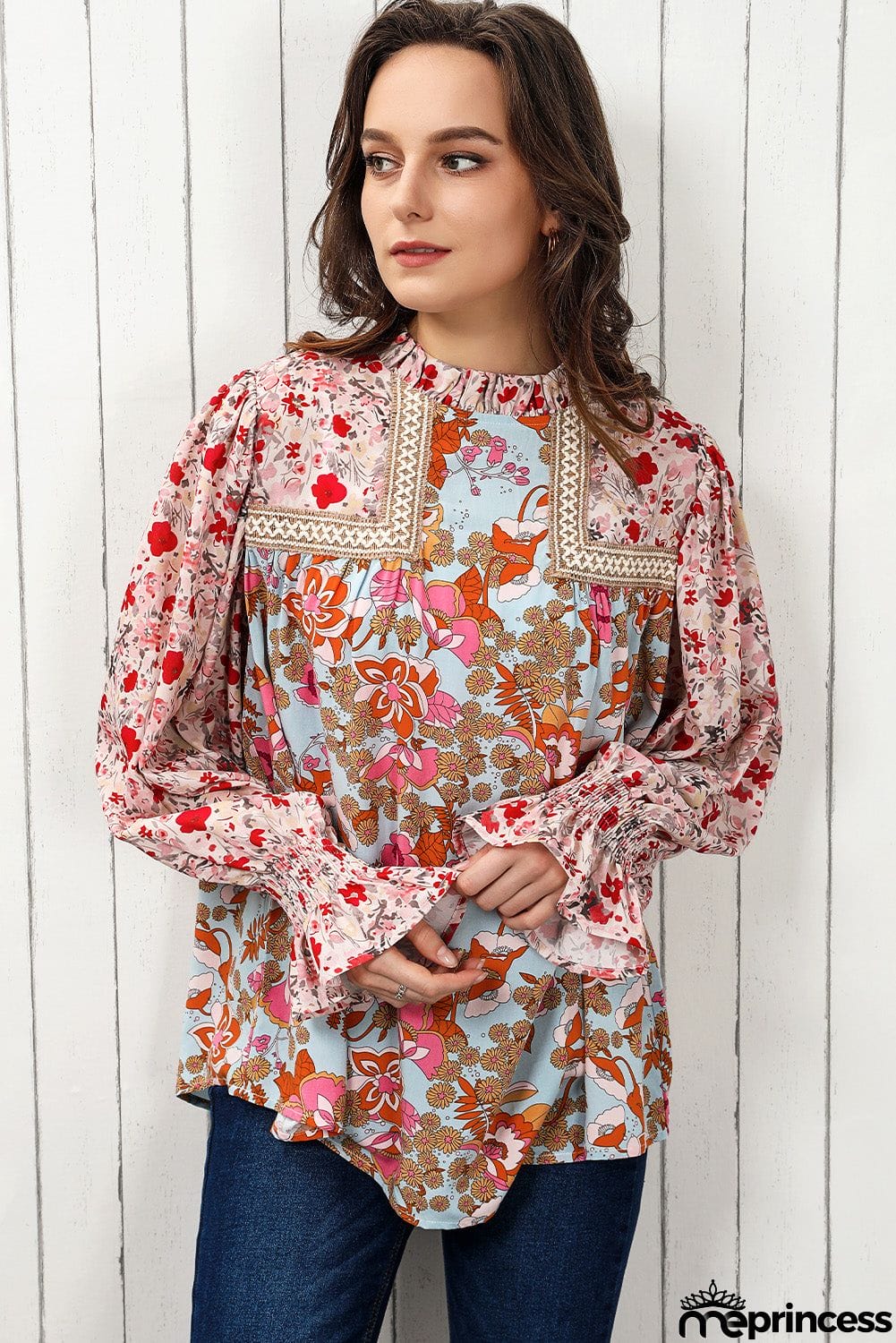 Floral Print Flounce Sleeve Mock Neck Blouse
