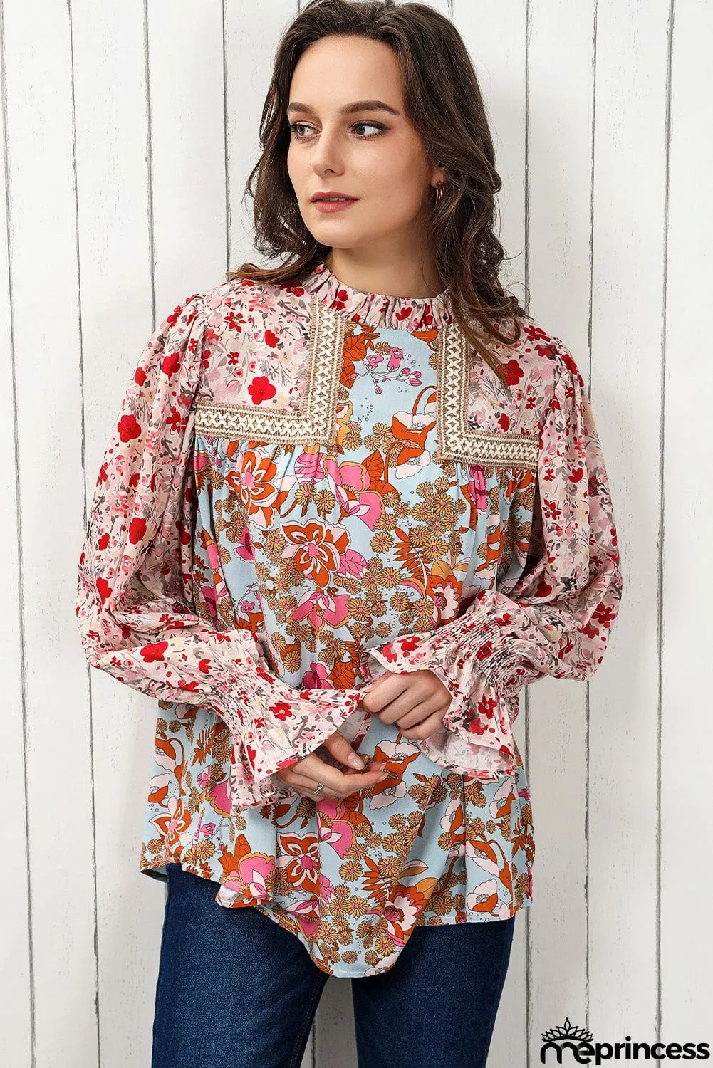 Floral Print Flounce Sleeve Mock Neck Blouse