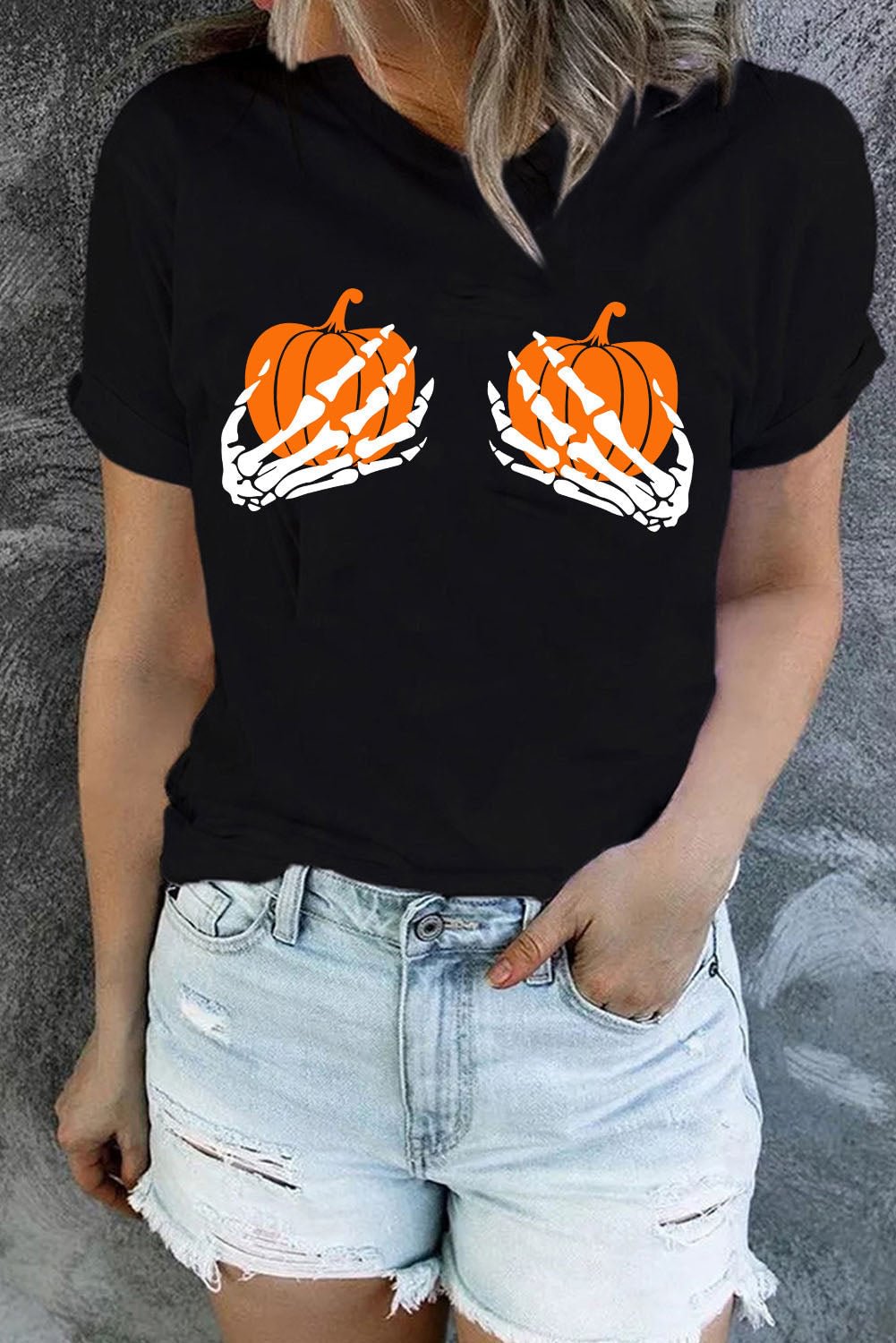 Black Skull Pumpkin Print Crew Neck Tee